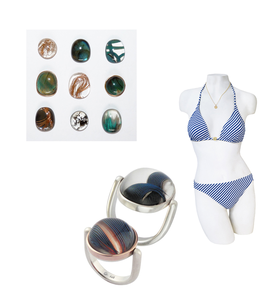Arafeder-Ringe, Rotgoldfassung, blau-weiß gestreifter Bikini